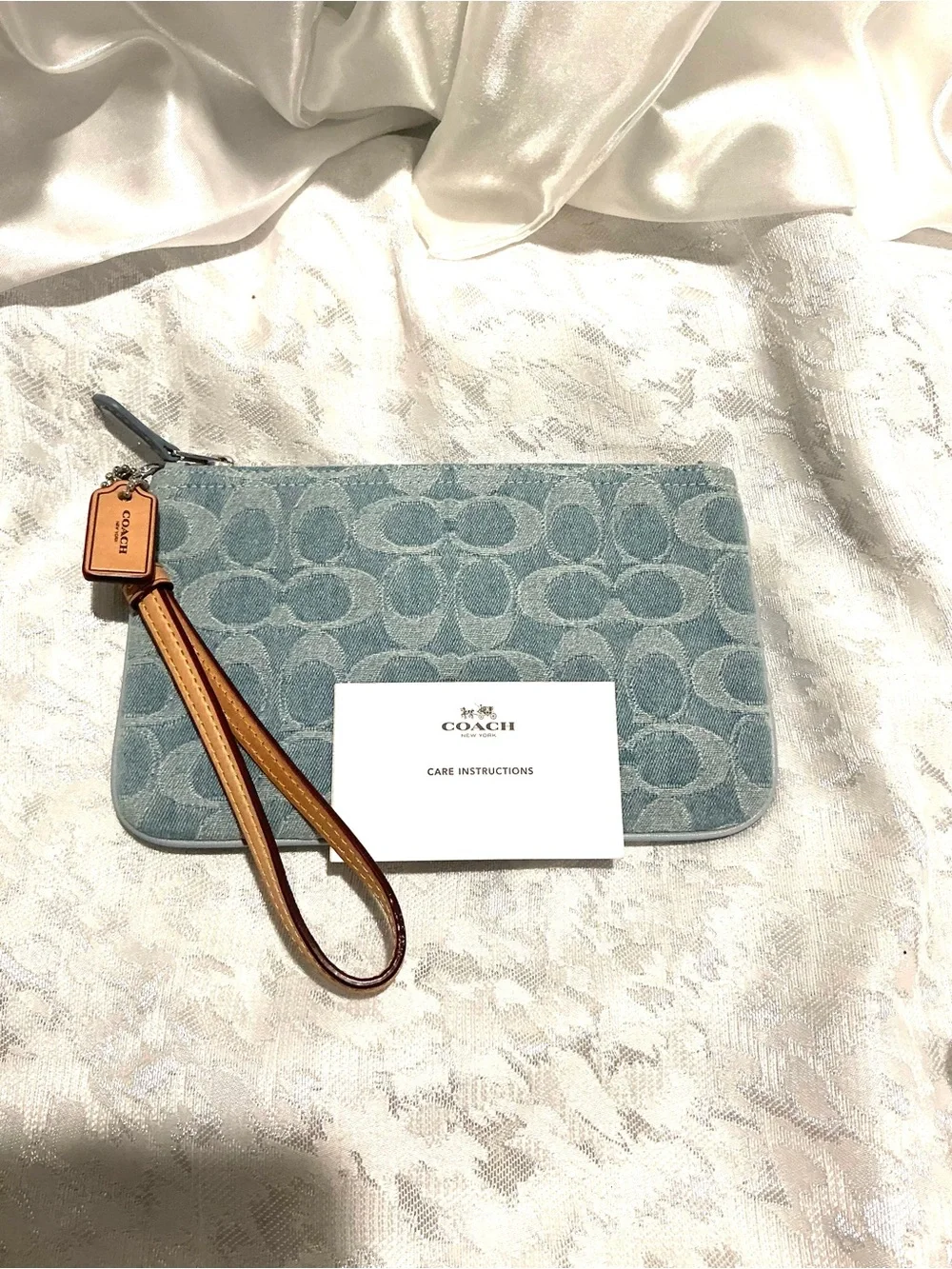 Coach Denim Wristlet with Tan Leather Strap CJ874